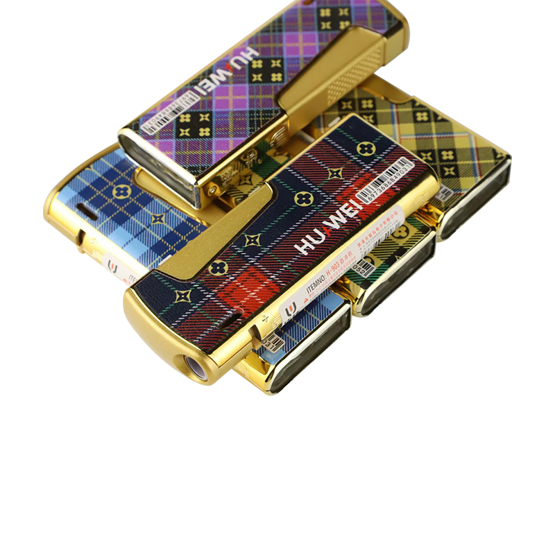 JH903 Business Gold Check Blue Flame Straight Punch Lighter